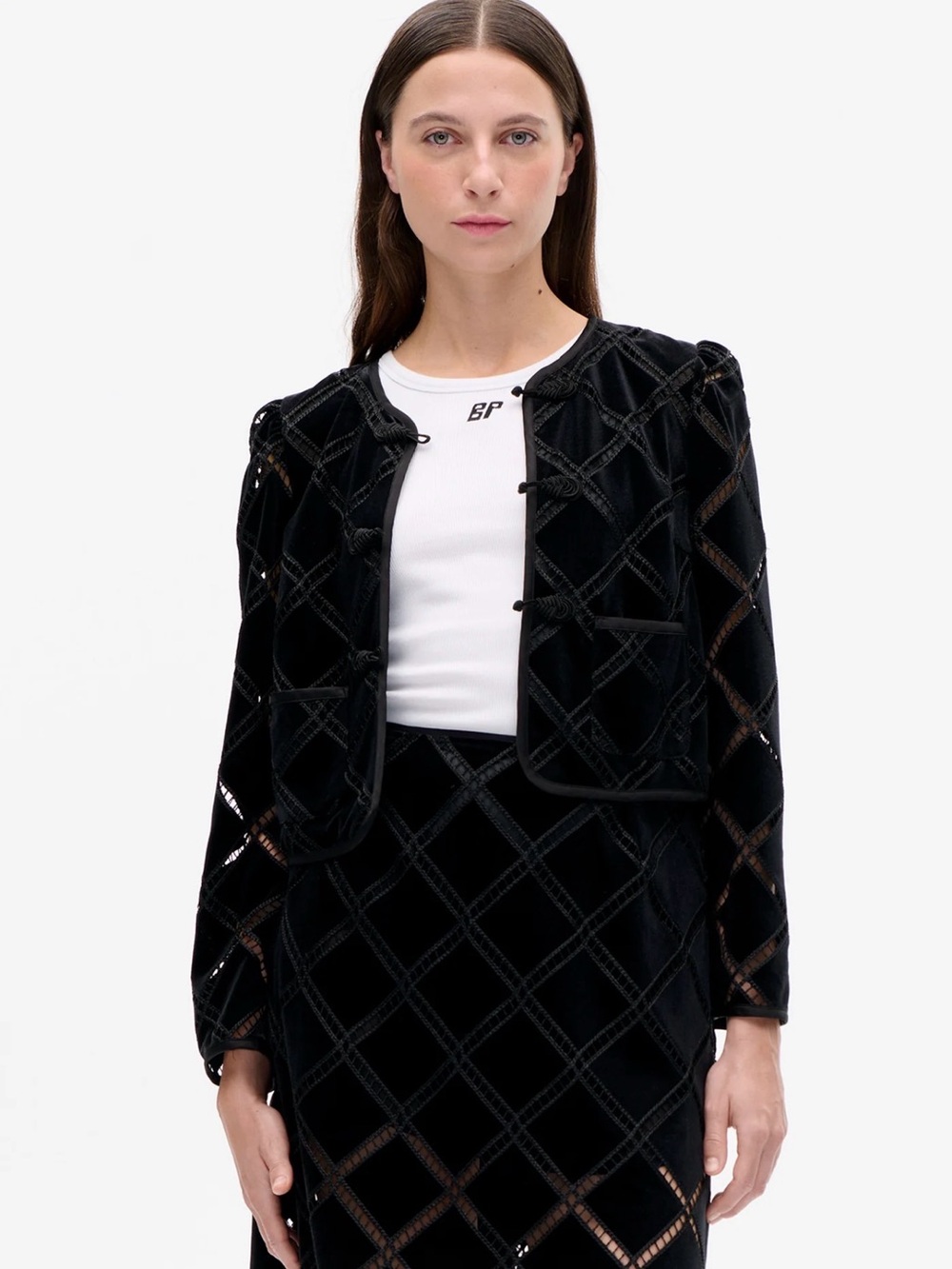 Baum und pfergdraten Black Velvet Lattice Cropped Blazer NWT